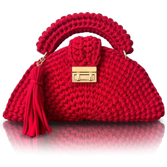 Women's Evening Clutch Handmade Crochet Small Formal Flap Red Crossbody Bag - Picture 1 of 6